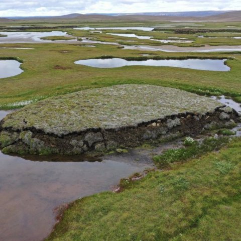 Nýmynduð rúst. Rof og eyðing rústarinnar er þegar hafin í köntunum. Smátjarnir sem sjást á myndinni hafa myndast þar sem gamlar rústir hafa fallið saman.