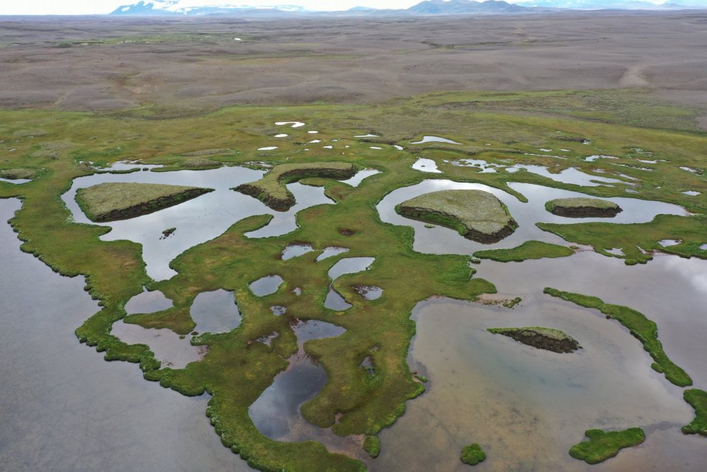Suðurhluti Orravatnsrústa. Illviðrarhnjúkar og Miklafell/Hofsjökull í baksýn. Myndin sýnir 5 rústir …